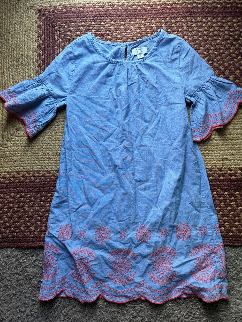 crown & ivy Blue Shift Dress with Pink Embroidery